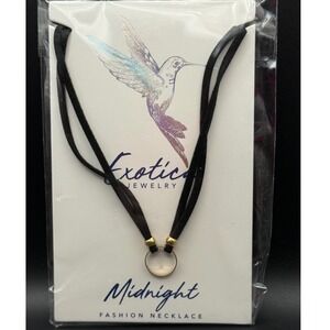 Midnight Fashion Necklace Black Cord Choker Gold Tone Circle Pendant